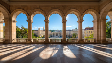 Beautiful architectural arches frame a stunning city landscape. Sunlight casts soft shadows on the stone floor, creating serene and captivating visuals.の素材