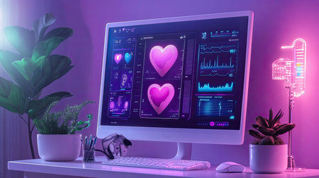 A modern workspace featuring a computer with heart graphics, illuminated by a neon lamp. The design blends technology and creativity with vibrant colors, perfect for a stylish office ambiance.の素材