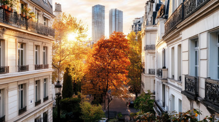 A serene autumn scene showcasing a blend of modern buildings and colorful trees at sunset, with warm sunlight illuminating the peaceful urban landscape.の素材