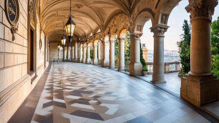 Discover the architectural elegance of a historical arcade featuring beautifully crafted columns, intricate patterns, and serene surroundings, perfect for capturing stunning travel moments.の素材