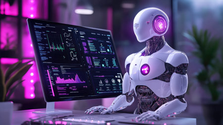 A futuristic robot sits at a modern computer screen displaying vibrant data analytics. The scene showcases advanced technology blending with digital innovation, ideal for tech-themed projects.の素材