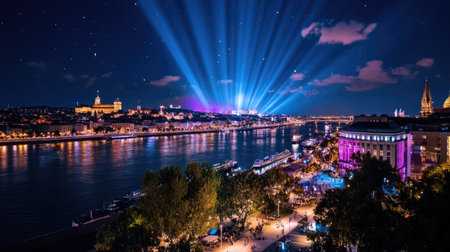 Stunning night view of an illuminated skyline reflecting in the river. Colorful lights create a vibrant atmosphere, enhancing the serene beauty of the urban landscape.の素材
