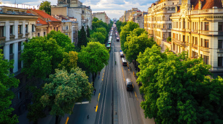 A vibrant street scene showcasing a mixture of urban architecture, lush trees, and moving vehicles under a bright sky. Perfect for travel themes.の素材