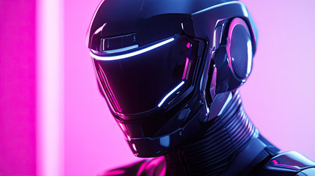 This image showcases a close-up of a futuristic robot head with striking neon lights, blending technology and aesthetic elements in a vibrant setting.の素材