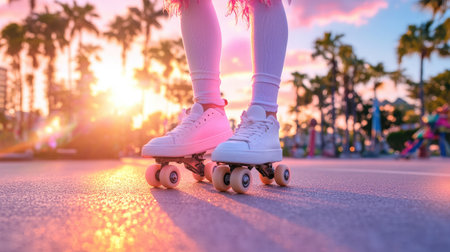 A vibrant sunset scene featuring a roller skater on a smooth surface, surrounded by palm trees, capturing the essence of summer fun and leisure.の素材