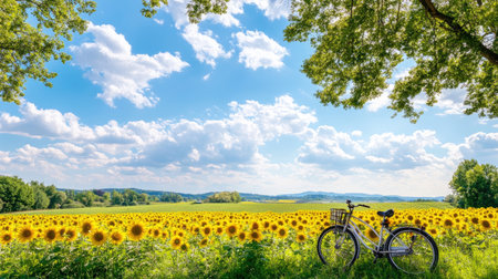 A picturesque view featuring a vibrant sunflower field under a blue sky. A bicycle is parked nearby, inviting exploration and relaxation in nature's beauty.の素材
