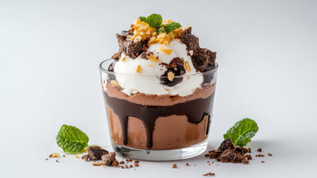 A mouthwatering dessert featuring layers of rich chocolate mousse, refreshing ice cream, and crunchy nuts, garnished with mint leaves for an elegant touch.の素材
