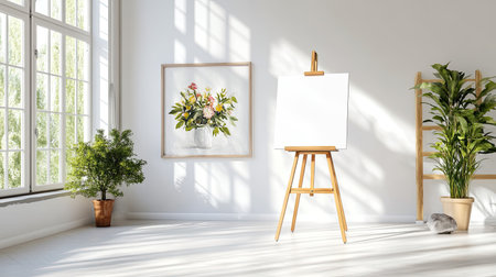 A serene art studio featuring a wooden easel with a blank canvas, potted plants, and a floral painting. Ideal for inspiration, relaxation, and artistic creativity.の素材