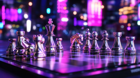 A captivating chess set gleams under neon lights in a vibrant cityscape, creating a striking atmosphere for strategy and competition. Perfect for game lovers.の素材