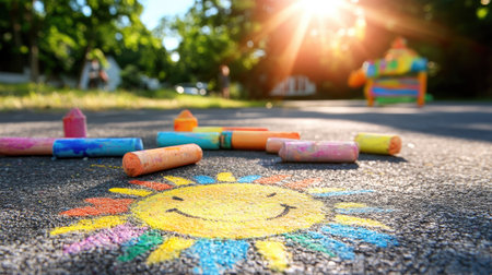 A vibrant sun drawing created with colorful chalk on pavement. The warm sunlight adds a cheerful touch to this playful outdoor scene, capturing the essence of summer fun.の素材