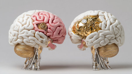 This unique artwork features two brain models, one in pink and one in gold, showcasing a blend of organic and mechanical design elements that explore creativity and innovation.の素材