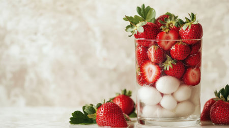 A clear glass container filled with fresh strawberries and yogurt balls, creating a vibrant and healthy snack. Perfect for summer desserts or healthy eating.の素材