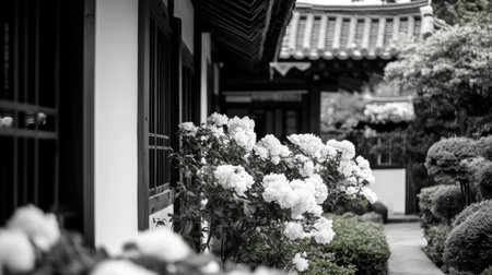 A tranquil garden pathway adorned with blooming white flowers in black and white. This serene setting offers a perfect blend of nature and architecture, evoking peace.の素材
