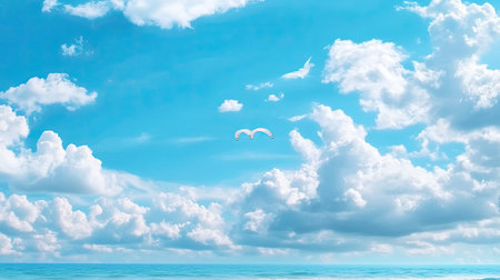 A tranquil scene featuring a vast blue sky adorned with fluffy clouds above a calm ocean. Perfect for evoking serenity and outdoor adventure feelings.の素材