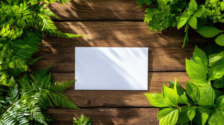 A blank white card rests on a rustic wooden surface, surrounded by vibrant green leaves. This natural setting offers a perfect space for creative designs or messages.の素材