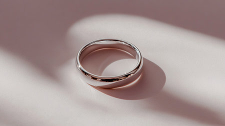 A stunning close-up of an elegant silver ring on a soft background. Natural light creates beautiful shadows, highlighting its sleek design and reflective surface.の素材