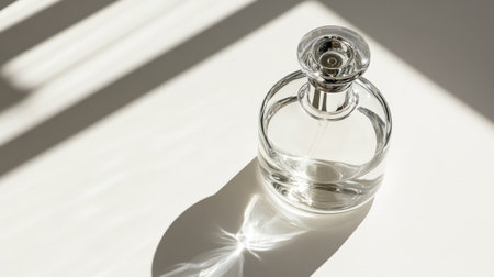 A stunning glass perfume bottle captures elegance with its clear design, beautifully reflecting soft light and shadows, adding a touch of luxury to any space.の素材