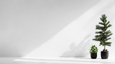 A bright and minimalist space featuring two potted plants casting soft shadows. Perfect for themes of tranquility, nature, and modern interior design.の素材