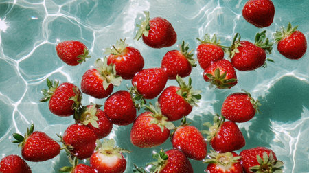 A vibrant collection of fresh strawberries floats in clear blue water, reflecting sunlight. This image captures a refreshing summer essence perfect for food-themed projects.の素材
