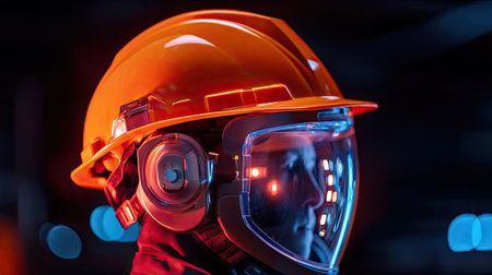 A focused worker wearing an orange hard hat and clear protective visor, featured in a dynamic workspace. Bright neon lighting adds a modern touch to the safety theme.の素材