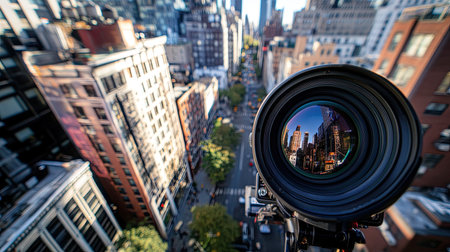 A captivating view of a bustling city captured through a camera lens, showcasing urban architecture and vibrant street scenes, perfect for photography lovers.の素材