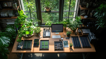 A cozy modern workspace featuring a wooden desk adorned with various plants. The arrangement includes a computer, stationery, and natural light for a refreshing atmosphere, enhancing productivity and creativity.の素材