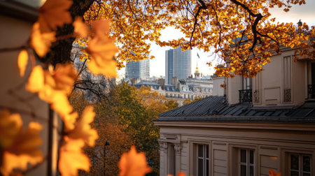 Beautiful autumn scene showcasing vibrant foliage against a serene cityscape in Paris. Golden leaves frame stunning architecture, creating a tranquil atmosphere.の素材