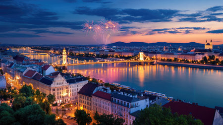 A breathtaking night view over the Danube River showcases vibrant fireworks illuminating the city skyline, capturing a magical and festive atmosphere.の素材