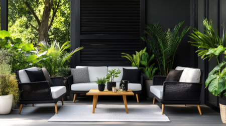 A stylish outdoor living space featuring modern furniture, lush greenery, and a cozy atmosphere. Perfect for relaxation and leisure in any season.の素材