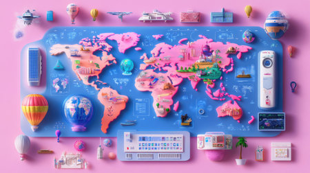 Explore this vibrant world map illustration featuring diverse landmarks, travel elements, and colorful designs. Ideal for travel, education, or art projects.の素材