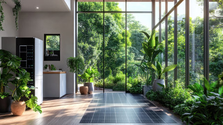 Bright and modern interior featuring large windows, abundant greenery, and serene nature views, creating an inviting and tranquil home environment.の素材