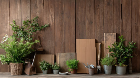This image showcases an inviting home gardening setup featuring various plants in pots against a rustic wooden backdrop, ideal for nature lovers and gardening enthusiasts.の素材