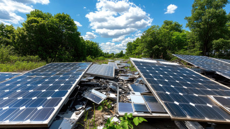 A striking view of abandoned solar panels amidst lush greenery under a bright sky. This image highlights the intersection of technology and nature, showcasing the remnants of renewable energy facilities.の素材