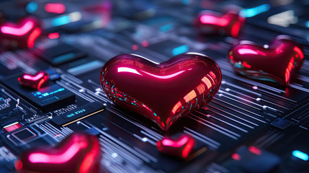 This image features glossy red hearts scattered on a dark circuit board background, symbolizing the connection between love and technology. Perfect for digital and romantic themes.の素材