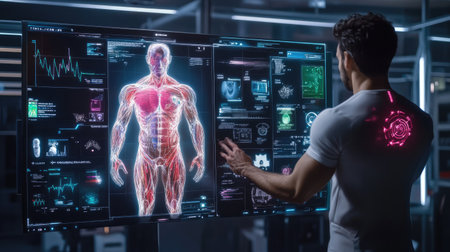 A male figure interacts with a digital screen showcasing human anatomy in a high-tech lab. The futuristic display features vibrant visuals of the human body and various health data.の素材