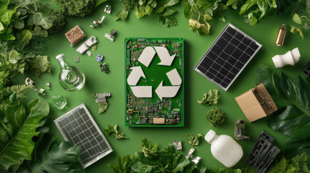 A vibrant composition showcasing themes of sustainability with technology, featuring a recycling symbol, solar panels, and lush greenery, symbolizing eco-friendly solutions.の素材