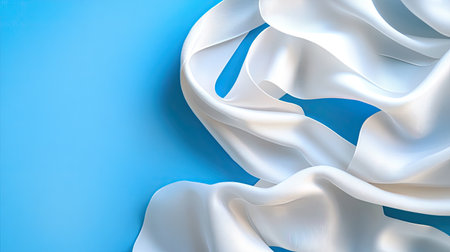 A beautifully draped white silk fabric rests elegantly on a bright blue backdrop, showcasing smooth textures and flowing shapes for a striking visual impact.の素材