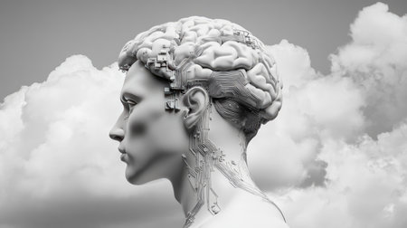 This imaginative representation features a human head with intricate circuitry merging into the brain, set against a dramatic cloudy backdrop, symbolizing the fusion of technology and intellect.の素材