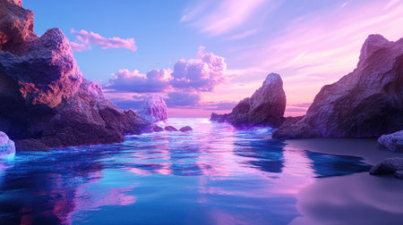 A serene sunset illuminates the ocean, casting vibrant hues on calm waters and rocky shores. The tranquil scene invites relaxation and admiration of nature's beauty.の素材