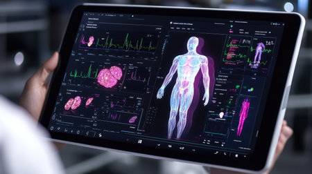 A close-up view of a tablet showcasing advanced visualizations of human anatomy and health-related data, illustrating the blend of technology and medicine for education and analytics.の素材