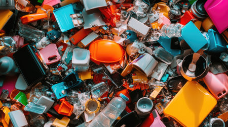 A vibrant and chaotic collection of plastic items and containers spreads across a flat surface, highlighting the issue of waste and pollution in modern consumer culture.の素材