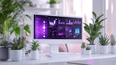 A serene modern workspace featuring a computer displaying vibrant data analytics, surrounded by lush indoor plants, creating a harmonious and productive atmosphere.の素材