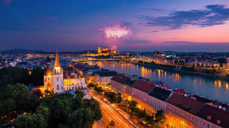 Stunning fireworks burst brightly over a serene river, illuminating the cityscape at twilight. A perfect blend of celebration and natural beauty awaits.の素材