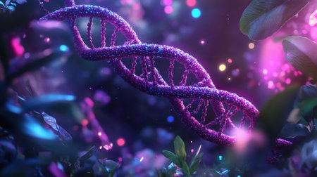 A captivating digital representation of a DNA strand enveloped by lush greenery and enchanting lights, symbolizing the intersection of nature and science.の素材