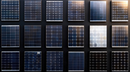 A collection of various solar panels showcasing modern designs for renewable energy. This image emphasizes the importance of sustainable technology in today's world.の素材