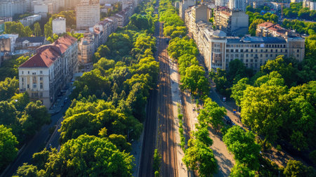 Stunning aerial view captures an urban landscape lined with lush green trees. The scene showcases a peaceful city road, bathed in warm sunlight, blending nature and architecture harmoniously.の素材