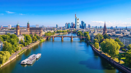 Stunning aerial view showcasing Frankfurt's skyline along the river, featuring modern and historic architecture under a brilliant blue sky, ideal for travel and cityscape themes.の素材