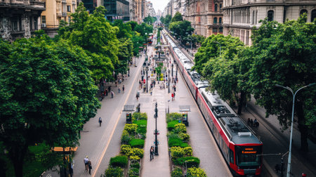 Explore a vibrant urban landscape featuring green trees, a tram, and bustling city life. This image captures the essence of modern city living and transportation.の素材