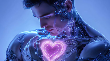 A stunning visualization of a futuristic cyborg embracing a glowing heart. This artwork symbolizes the fusion of technology and emotion, exploring themes of love and connection in a digital age.の素材