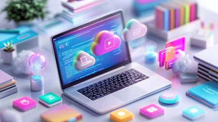 A vibrant digital workspace featuring a modern laptop with colorful cloud computing icons. Ideal for illustrating cloud technology, online storage, and digital innovation.の素材